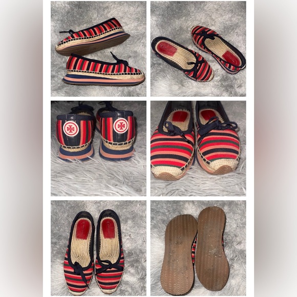 Tory Burch Shoes - Tory Burch Red and Navy Striped Espadrille Flats
